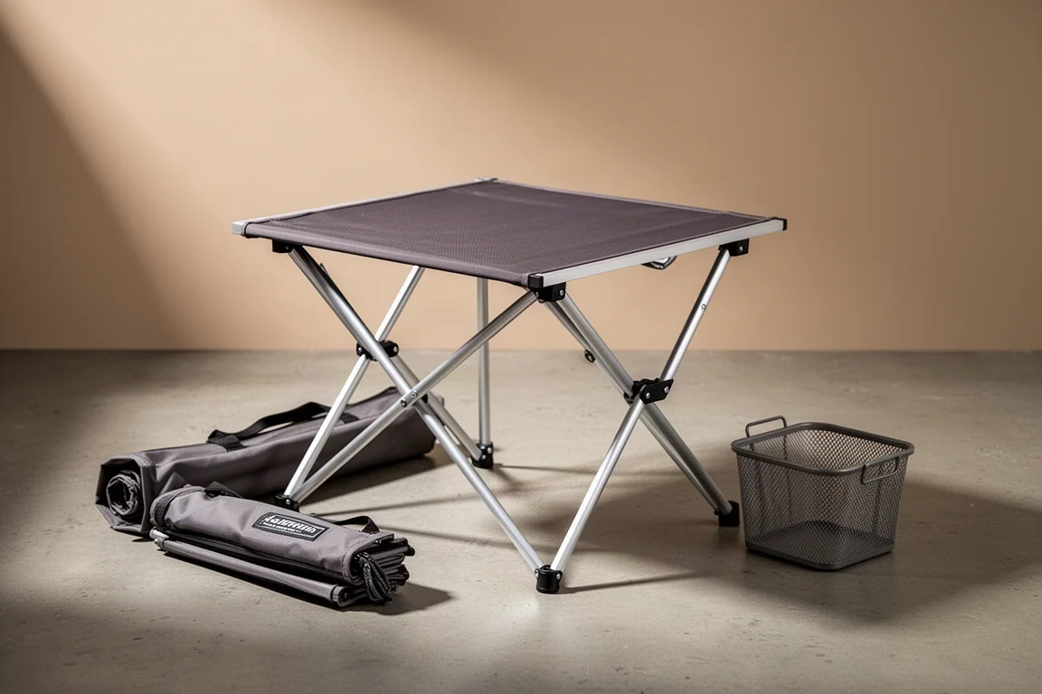 Compact folding camp table with aluminum frame and dark fabric top beside its storage bag and mesh basket