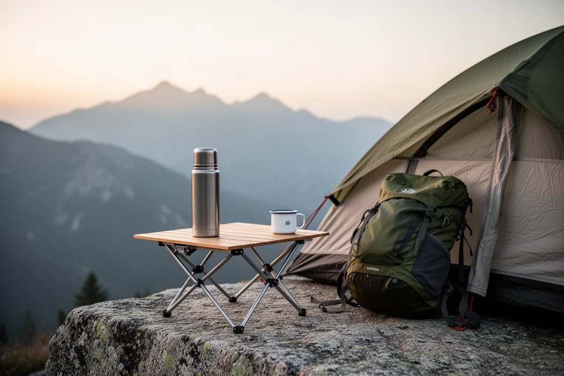 Compatto tavolo da campeggio pieghevole montato accanto a una tenda da backpacking su una sporgenza rocciosa all'alba