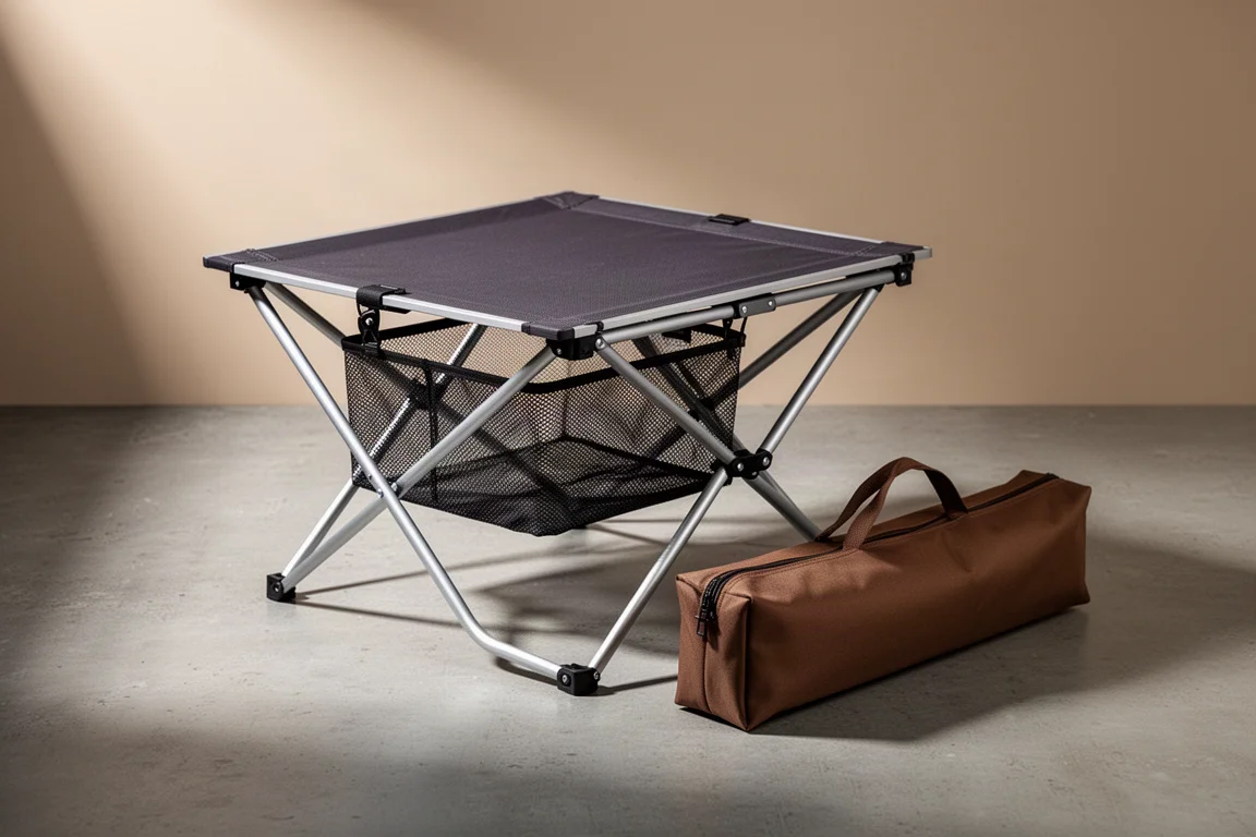 Compact folding camp table with aluminium frame and mesh storage basket on concrete