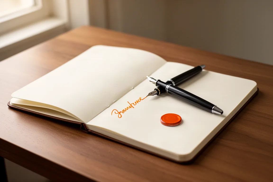 Open notebook with a fountain pen laying across the page and a written ink sample