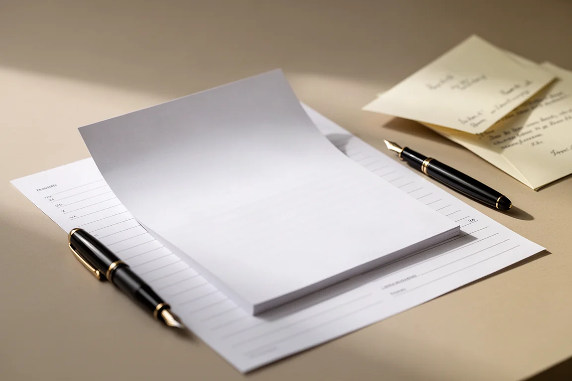 Handwriting practice scene with loose notepad sheets and a lined guide sheet underneath