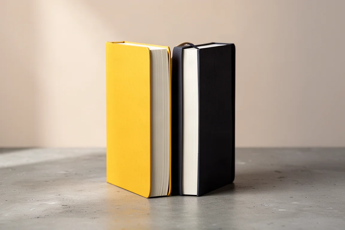 Two notebooks of different thicknesses side by side showing page count difference
