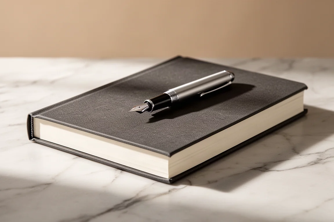 Thick textured softcover notebook lying closed with a pen resting on top