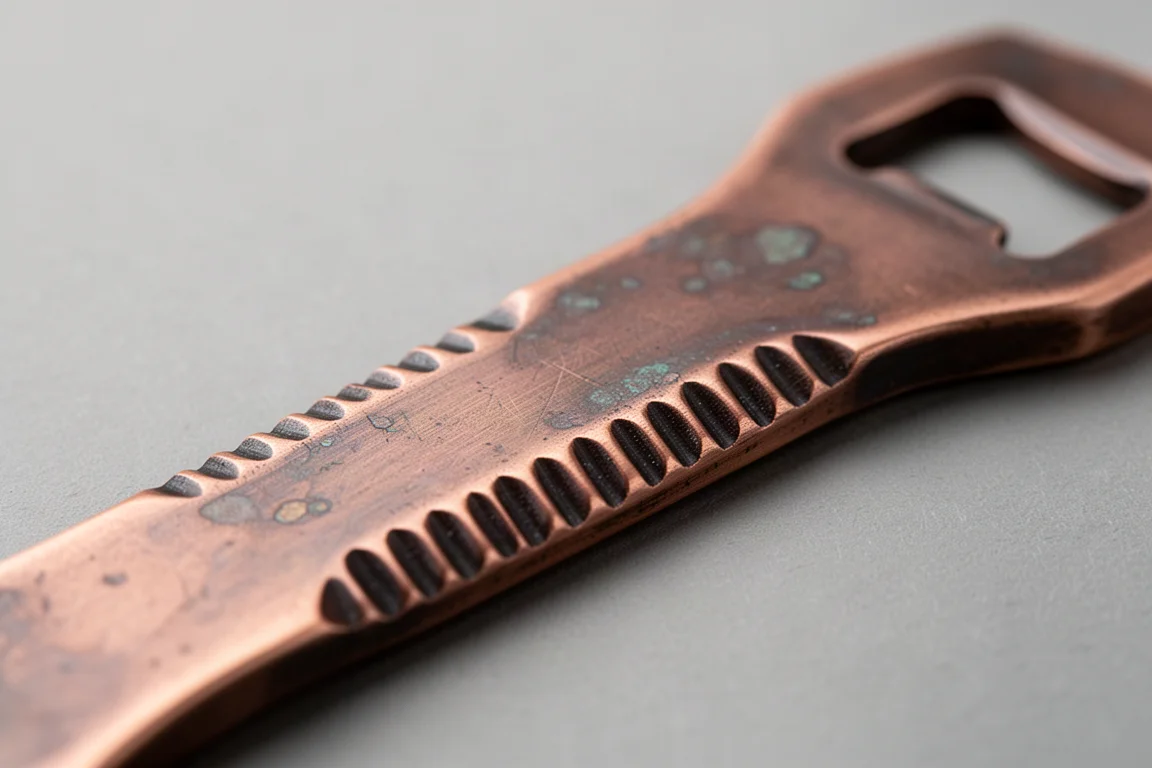 Antique-finish copper bottle opener close-up showing grip detail