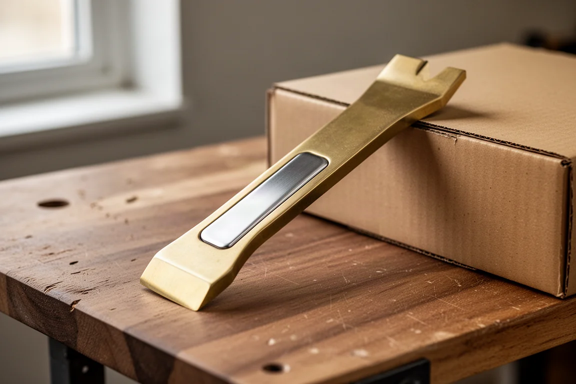 Brass pry tool with stainless steel inlay resting on a workbench