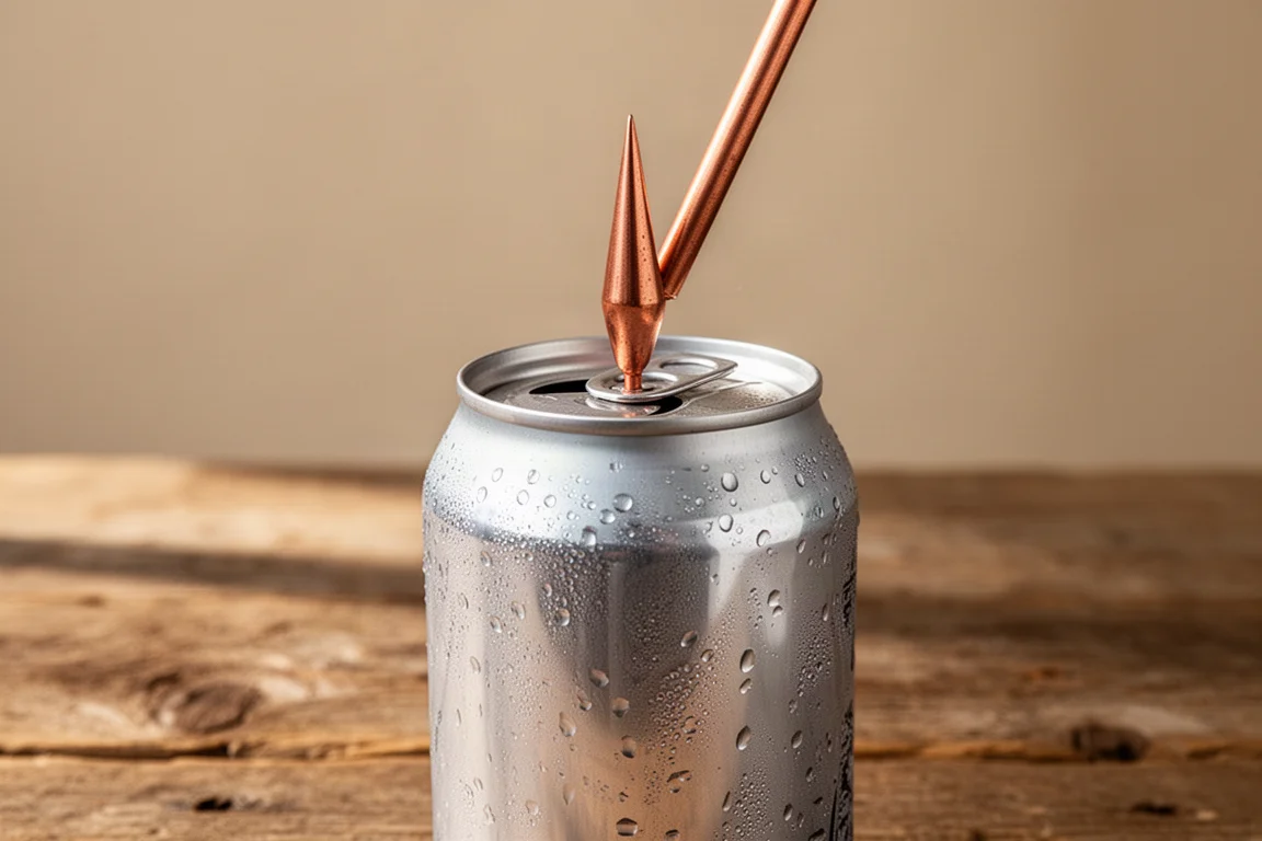 Copper spike tool being used to pierce a beverage can top