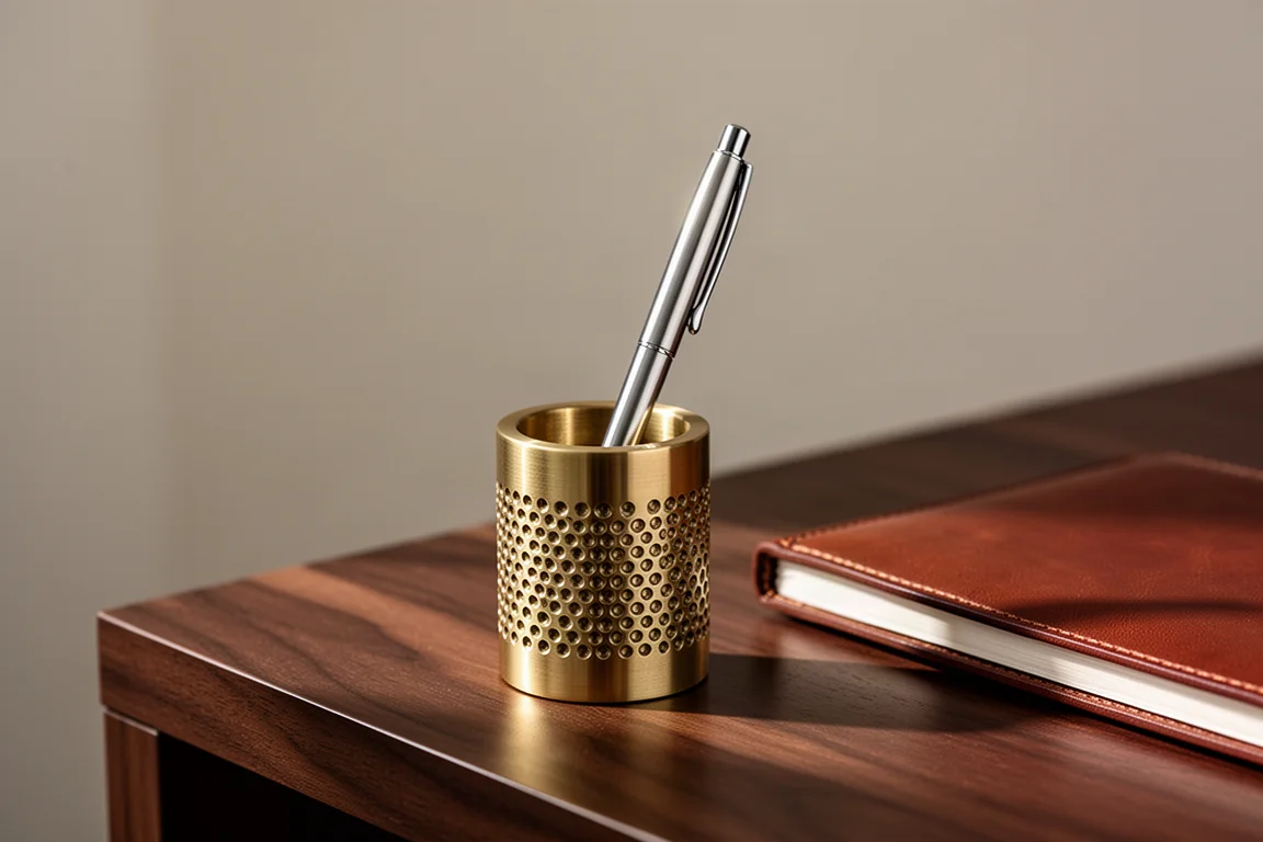 Solid brass pen stand holding a metal pen on a desk