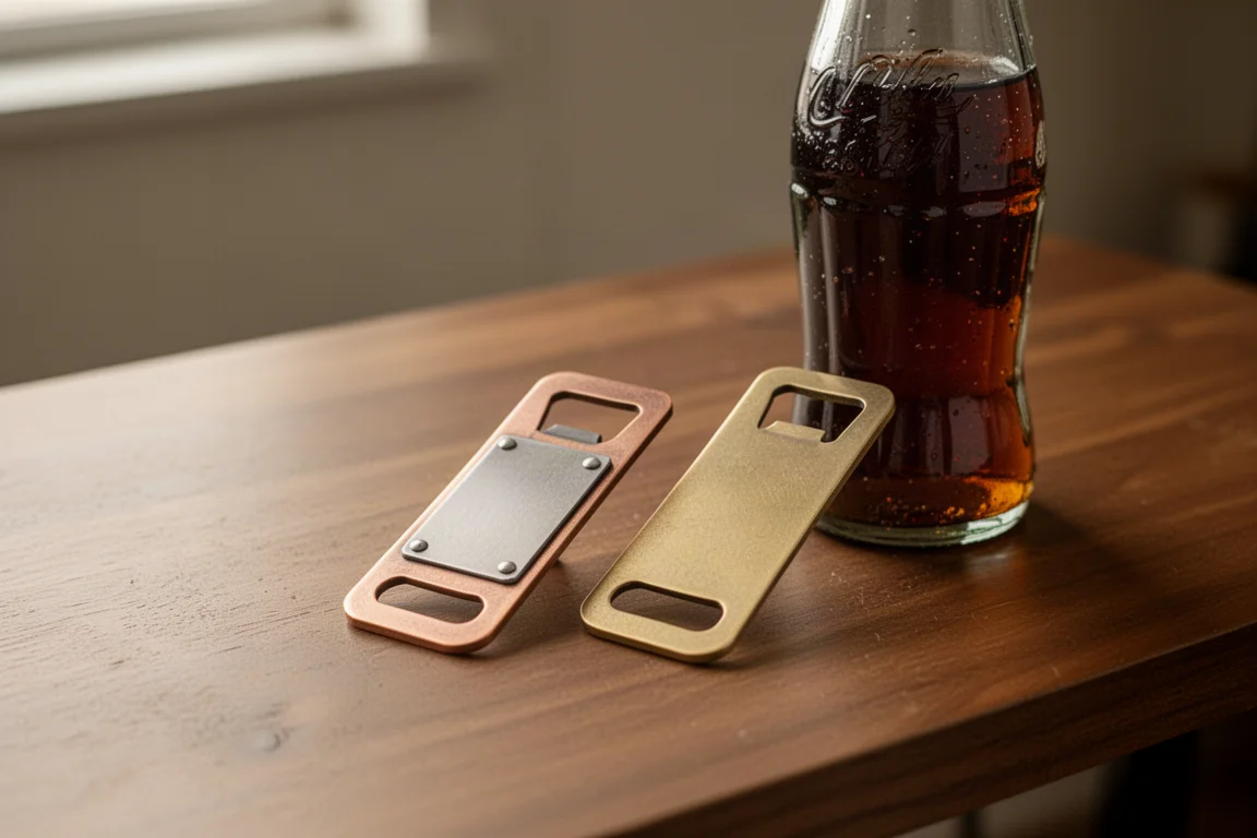 Two handmade metal EDC bottle openers resting on a wooden desk beside a glass bottle