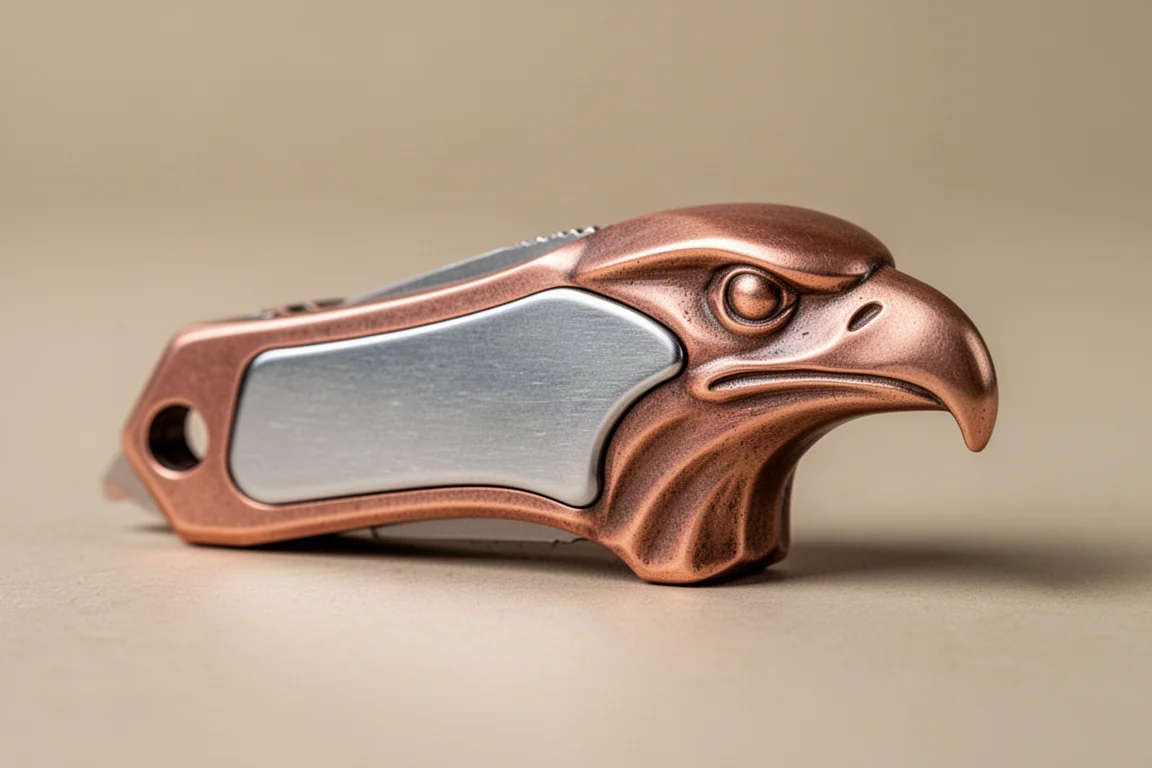 Close-up of a copper alloy tool with a stainless steel panel and a bird-shaped front end