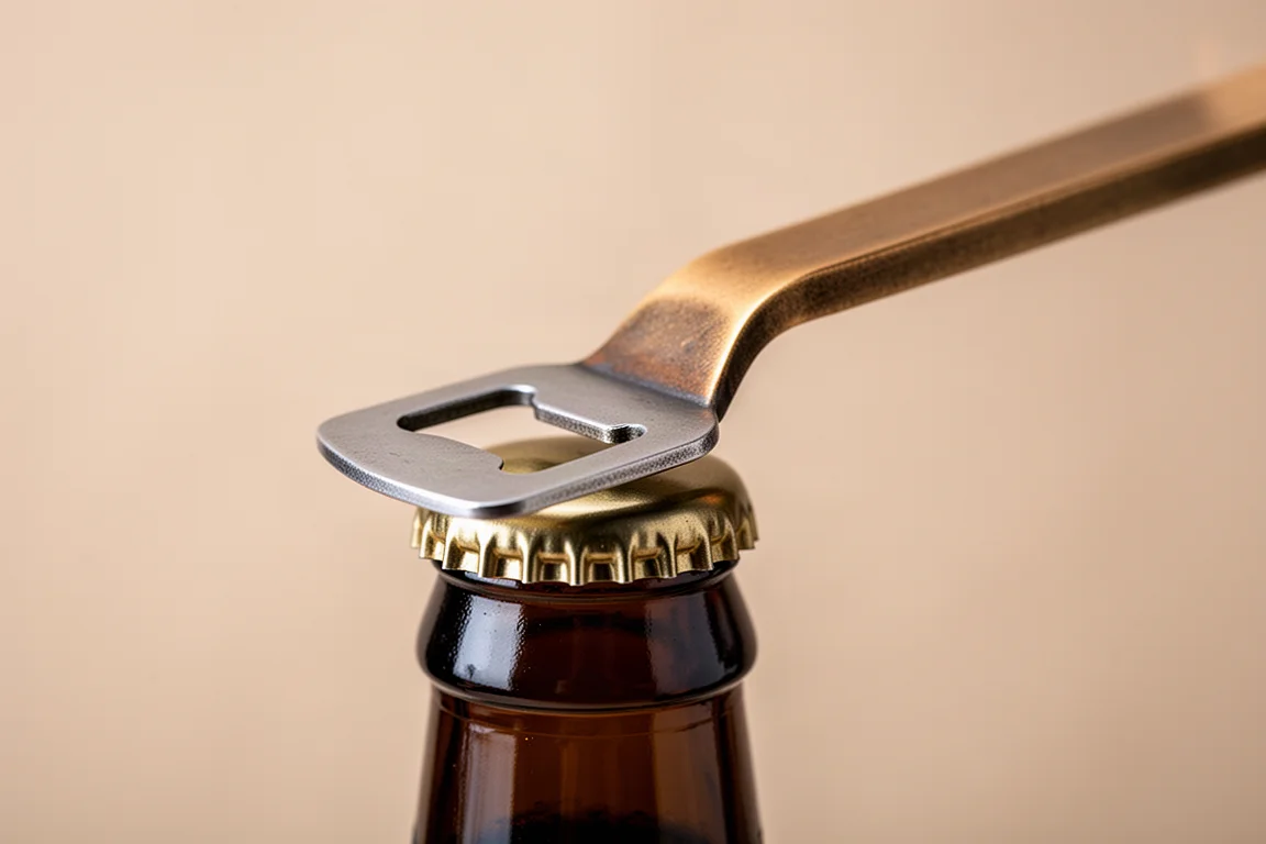 A bottle opener biting flat onto a bottle cap mid-pry