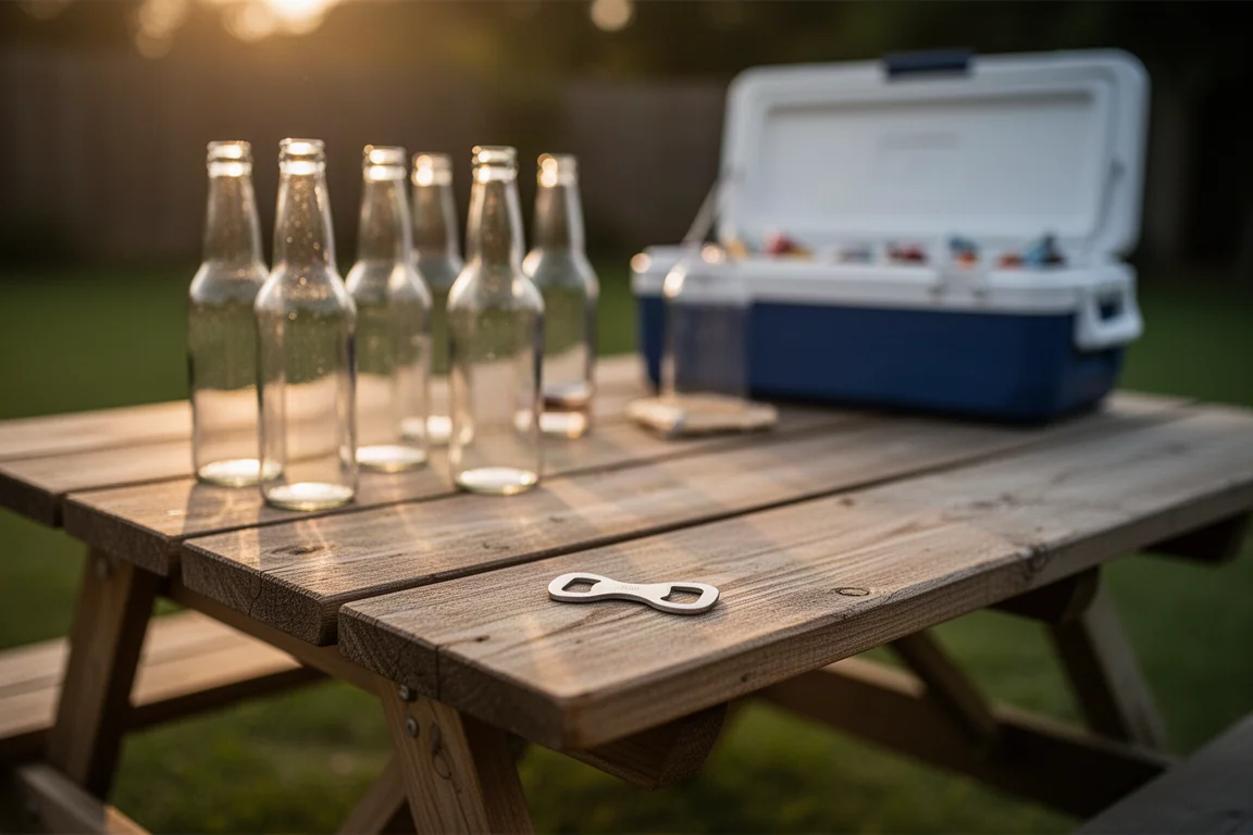 A backyard barbecue table with bottles and a metal bottle opener resting nearby