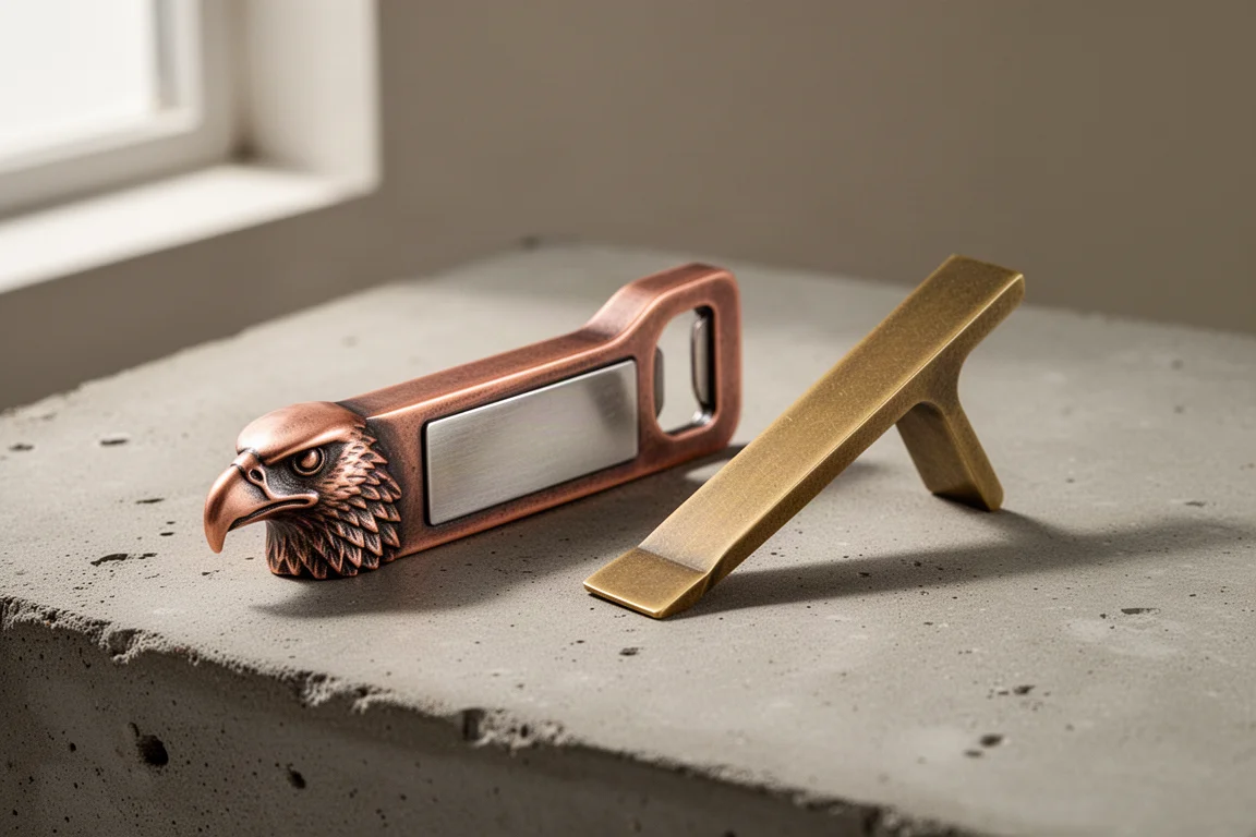 Two handmade metal EDC bottle openers with copper and brass finishes on a concrete surface