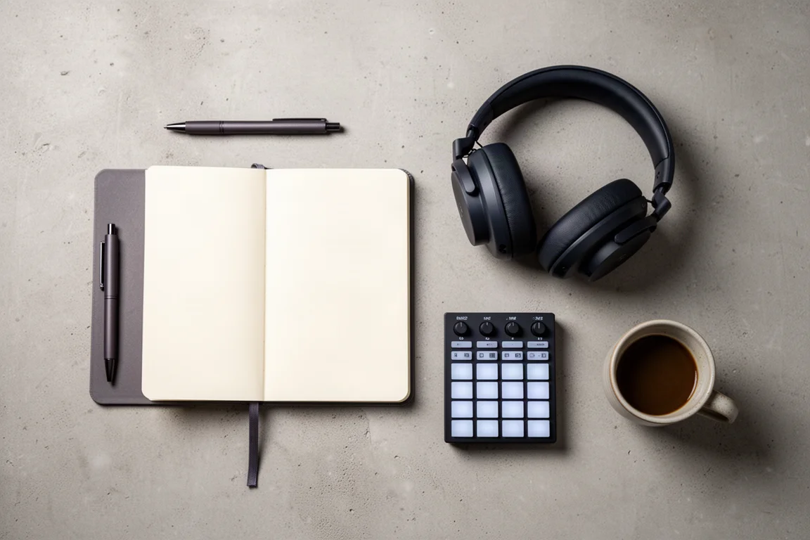 Flache Draufsicht auf Studio-Kopfhörer, Notizbuch und Fader-Controller auf Beton