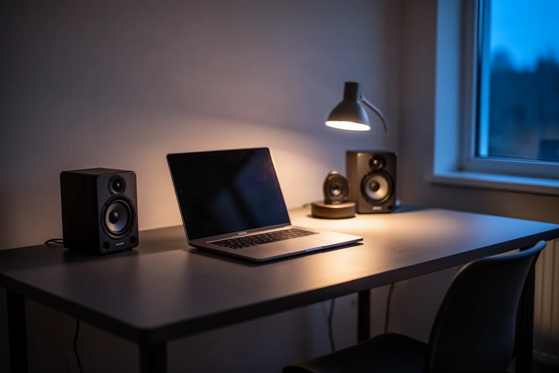 Produzenten-Schreibtisch mit geschlossenem Laptop, MIDI-Keyboard und kleinen Monitor-Lautsprechern