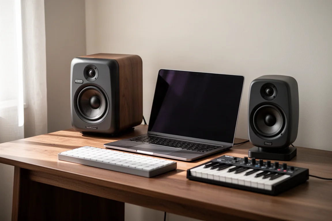 Overhead studio desk still life with monitors, headphones and a small fader controller
