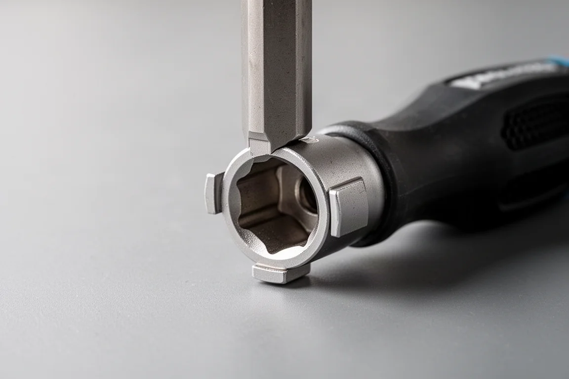 Eje hexagonal de un destornillador corto alineado con el interior del vaso