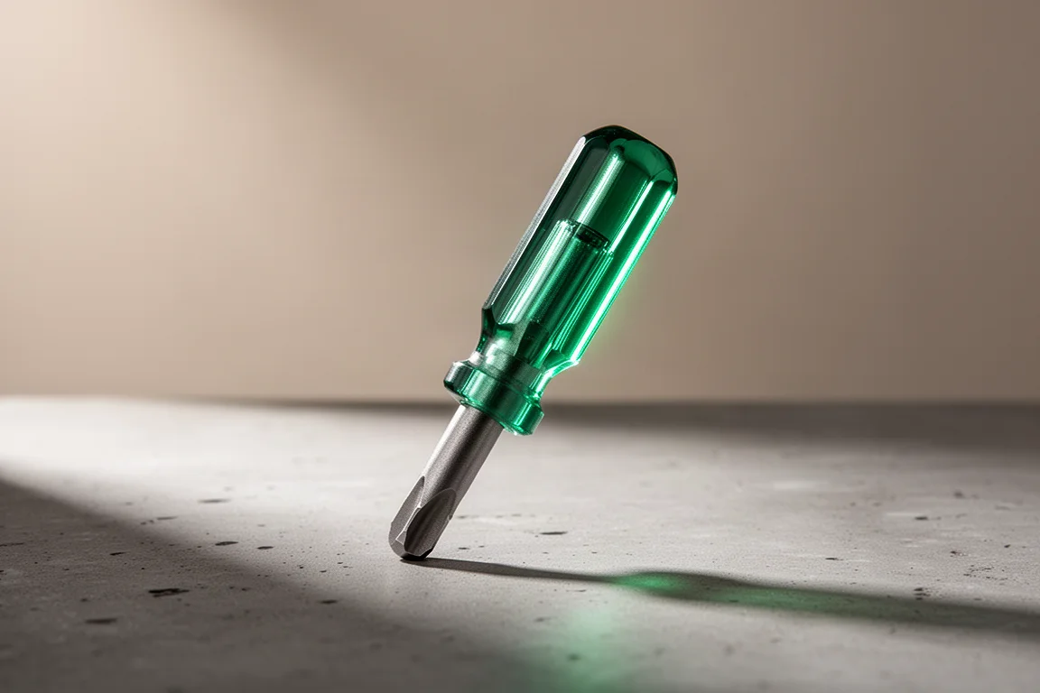 Stubby bit and nut driver with glowing translucent emerald handle on concrete