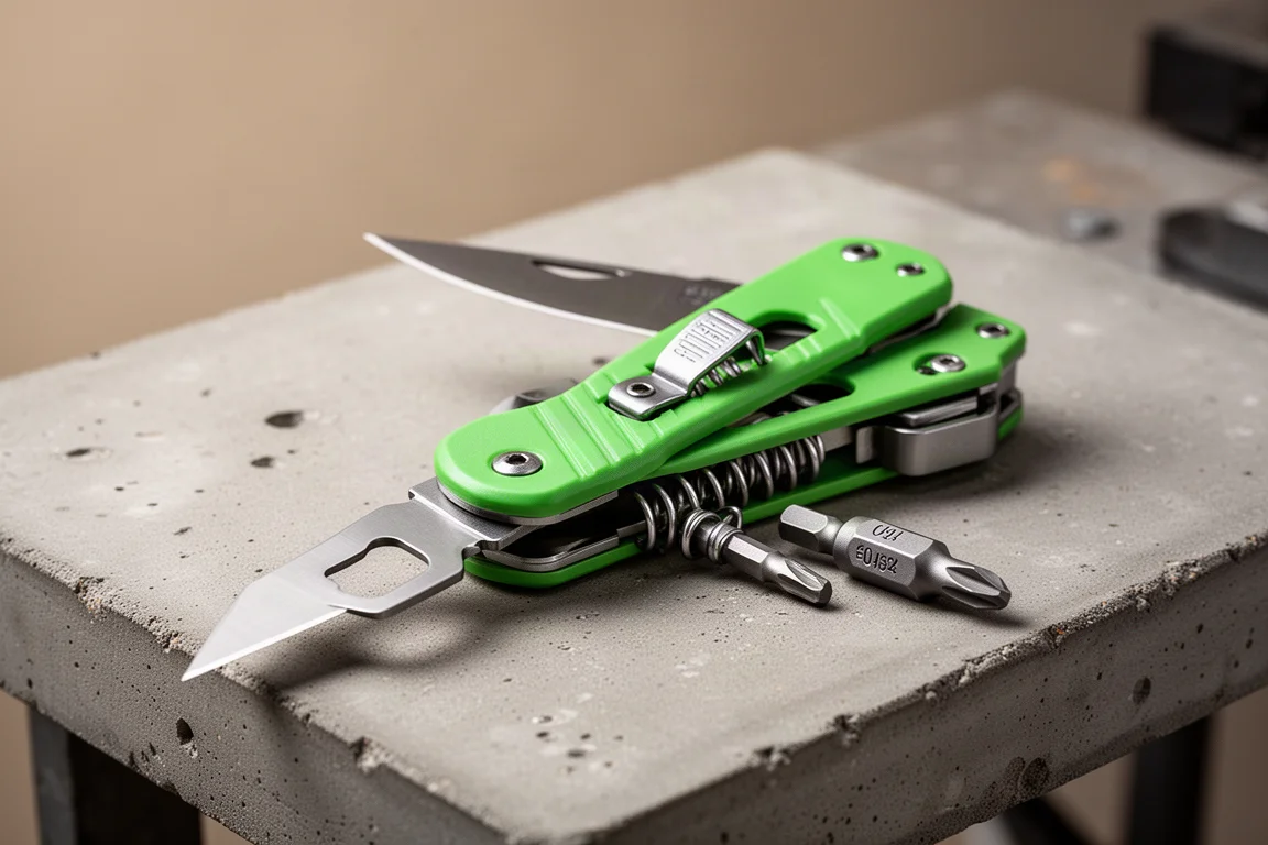 Bright green folding multi-tool with knife, bottle opener, and spring-loaded bit holders