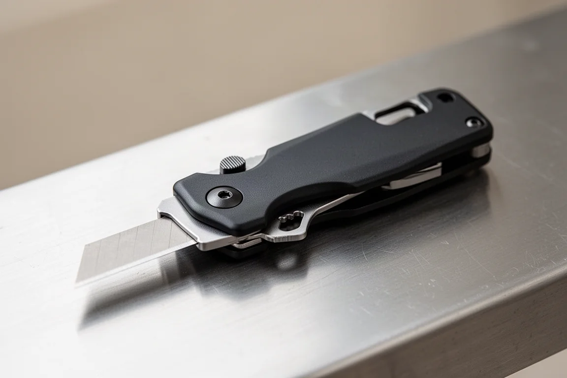 Milwaukee Fastback utility knife open with replaceable blade and bottle opener visible