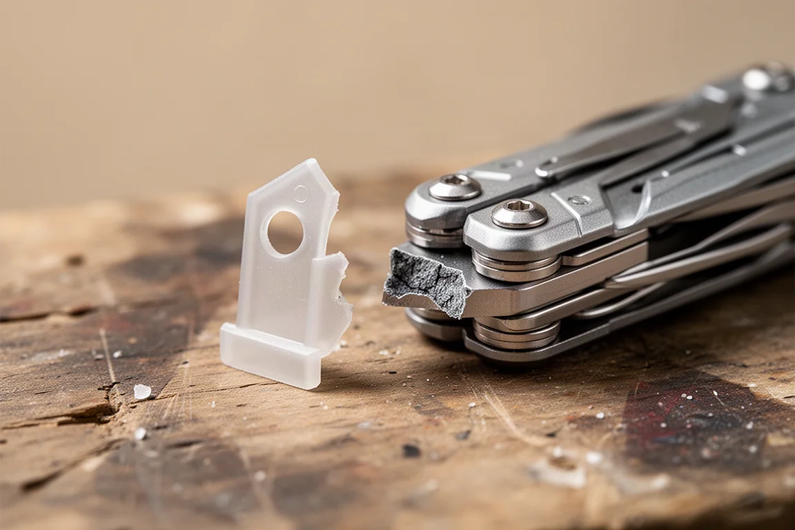 Close-up of a broken plastic bit holder tab snapped off a multi-tool
