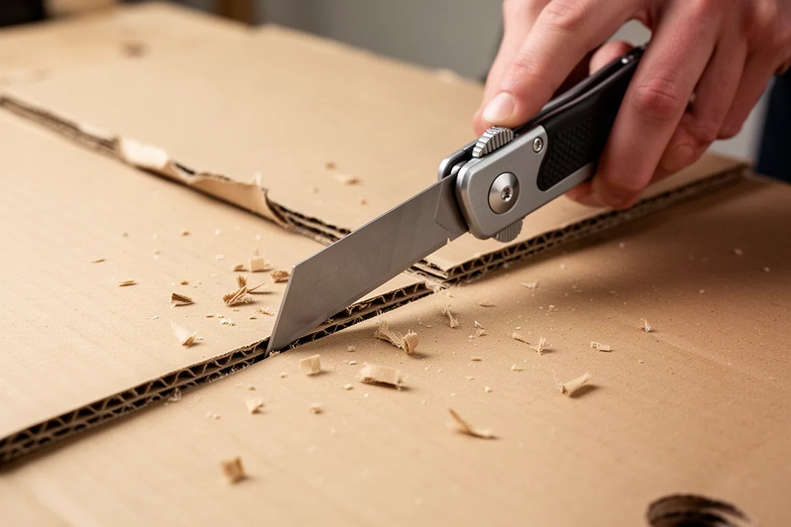 Utility knife being used to cut cardboard on a workbench