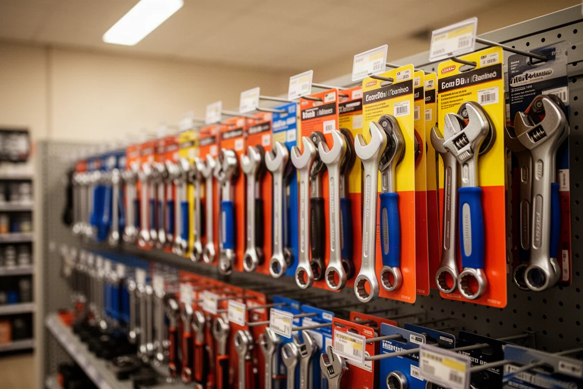 Auto parts store aisle with rows of brightly colored hand tools on display