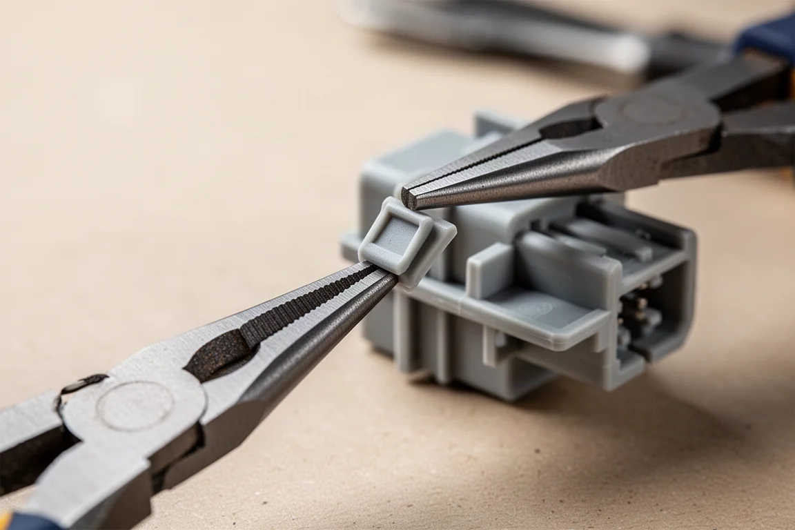 Close-up of electrical connector plier tips gripping a plastic automotive connector