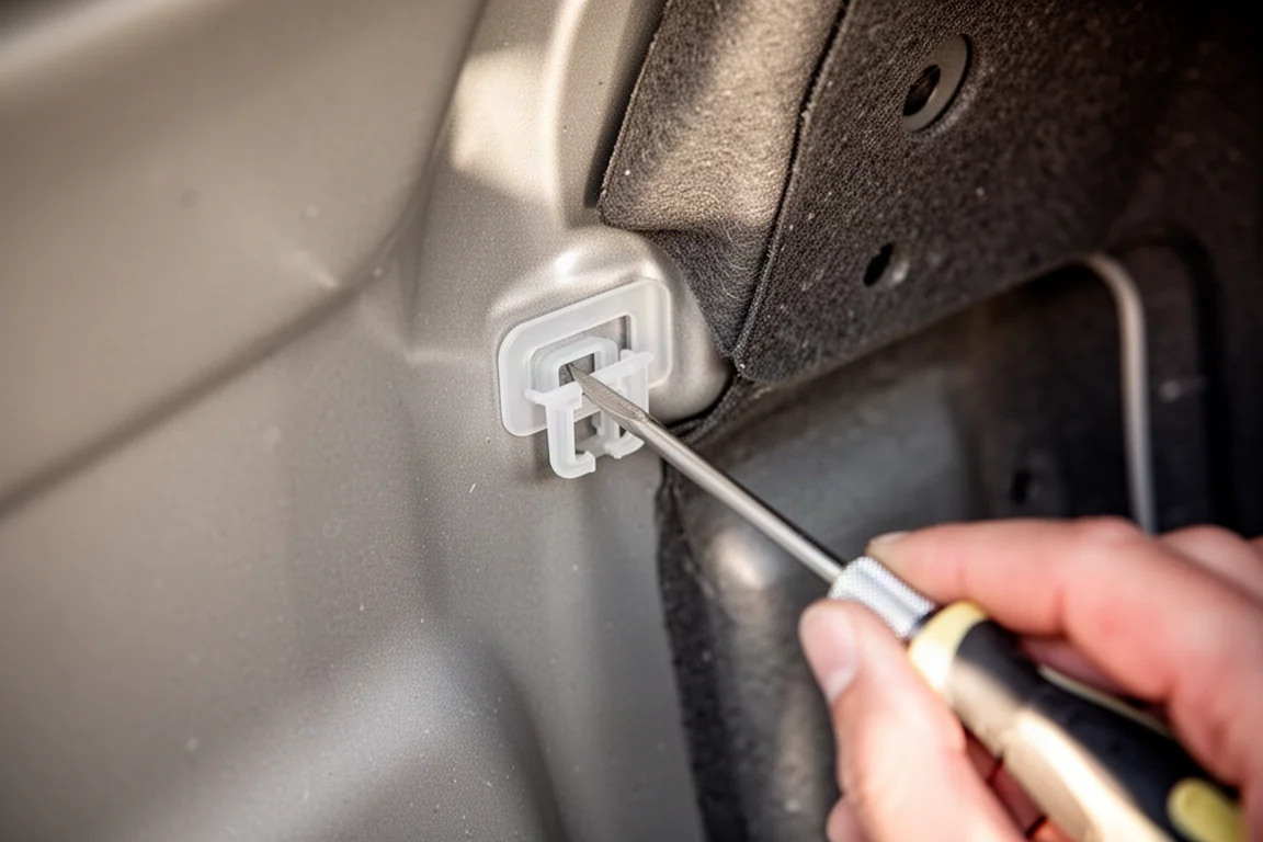 Trim removal tool sliding under a plastic panel clip in a car wheel well