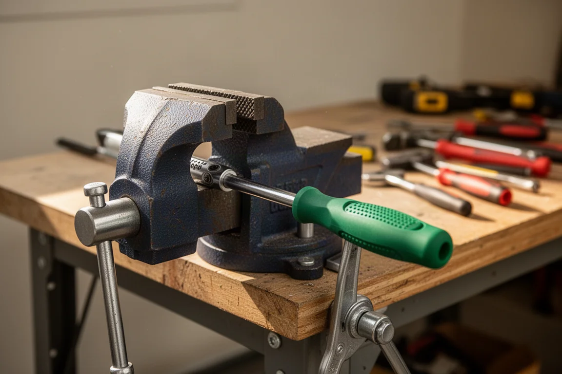 Workbench with a vise holding a tool handle during a modification experiment