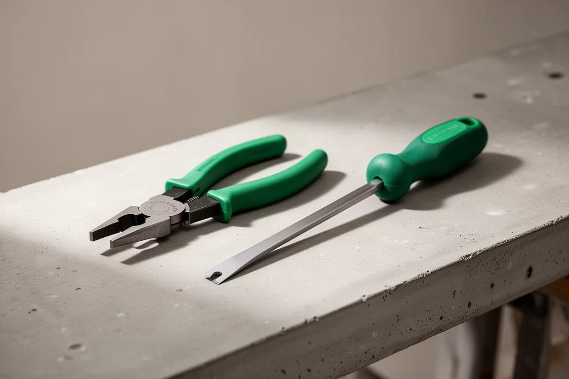 OEM Tools 斷開鉗與緊固件拆卸工具並排放置在水泥工作檯上