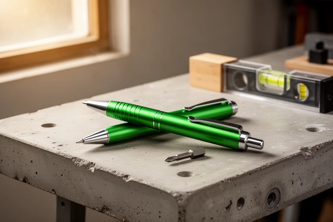 Heavy green aluminum multi-function pen on a workbench beside small tools