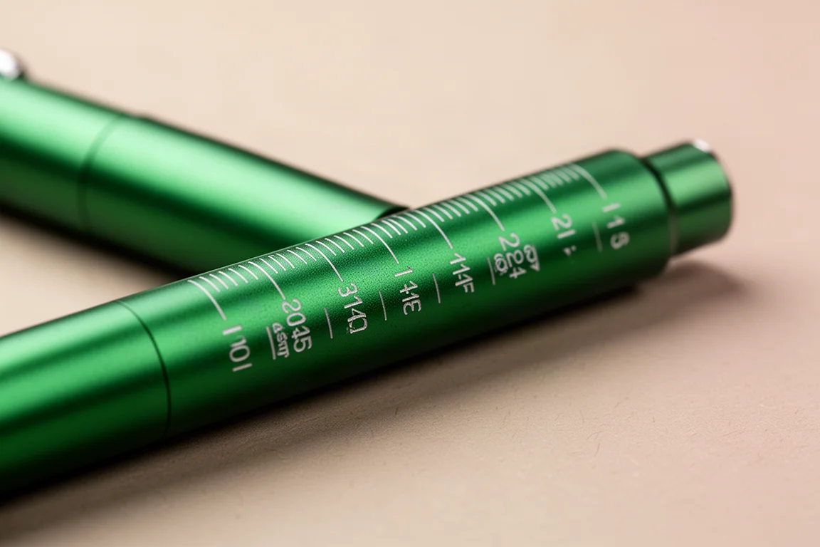 Close-up of a pen tip with measurement scales marked in centimeters and inches