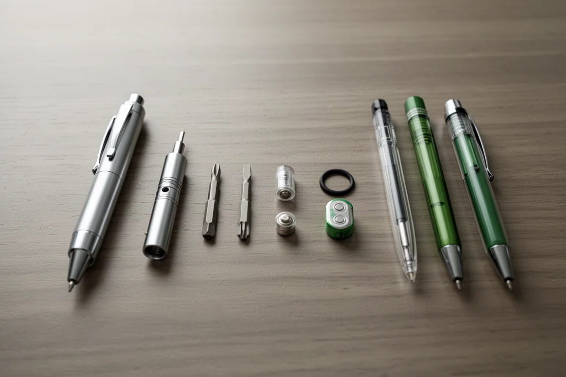 Pen disassembled on a desk showing internal screwdriver bits and batteries