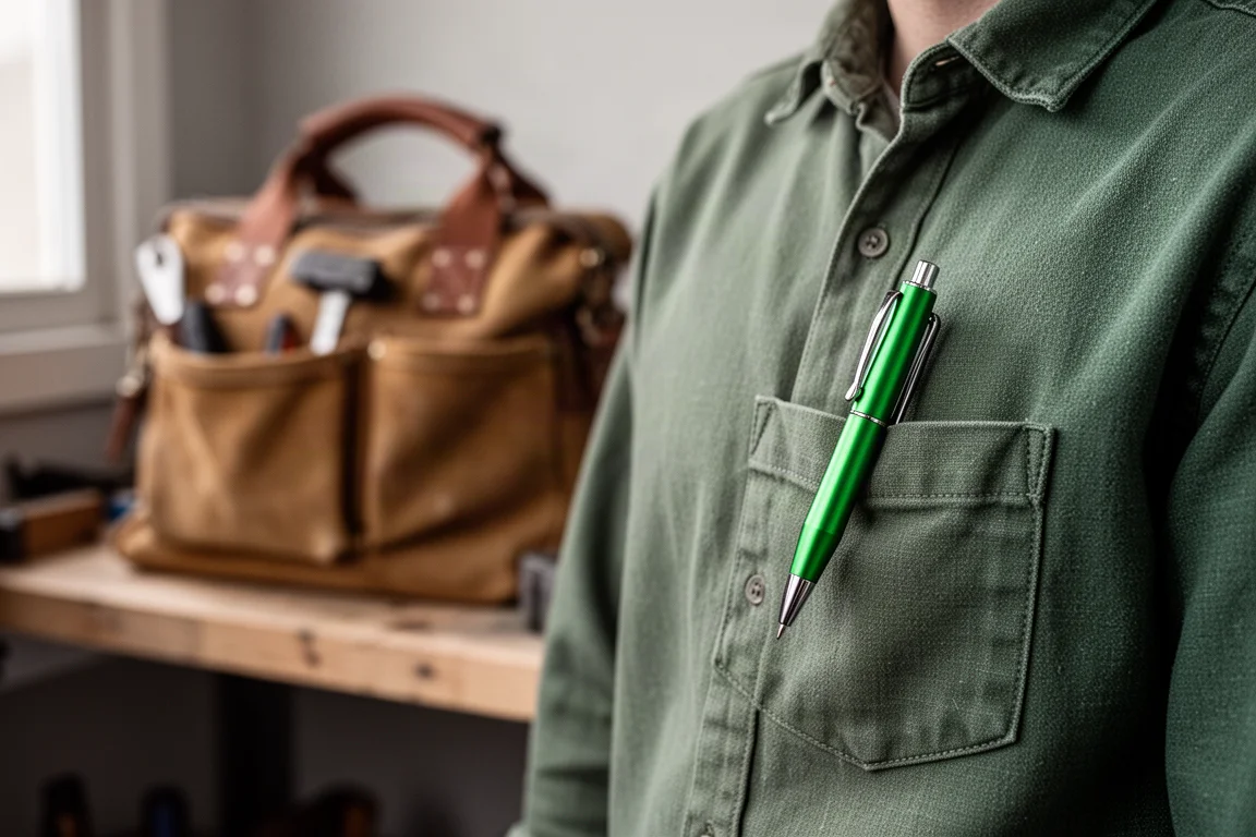 Green pen clipped to a shirt pocket beside a small tool bag