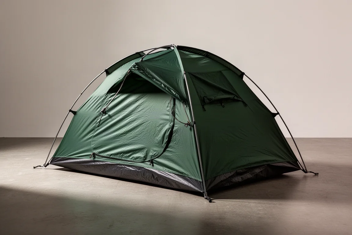 Compact one-person backpacking tent with dark green flysheet pitched on concrete