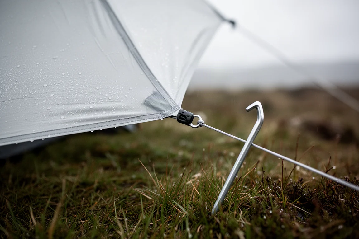 Detailopname van dun doorschijnend tentdoek met een scheerlijn en mini line lock