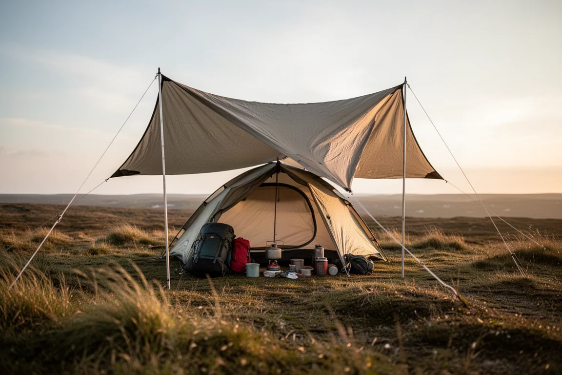 Kleine tent beschut onder een grote tarp op een heuvelrug in het gouden uur