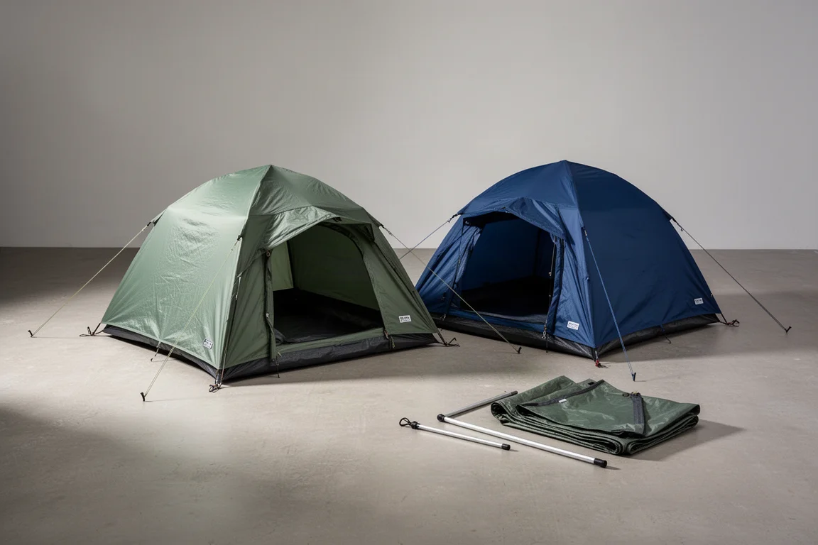 Two low-profile one-pole tents in green and blue beside a folded lightweight tarp