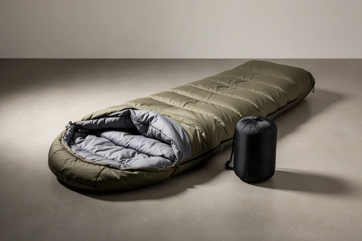 Synthetic mummy sleeping bag and compression stuff sack on a concrete floor