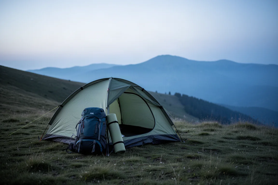 黄昏时的山坡营地,旁边有一顶小帐篷和一个装满装备的登山背包