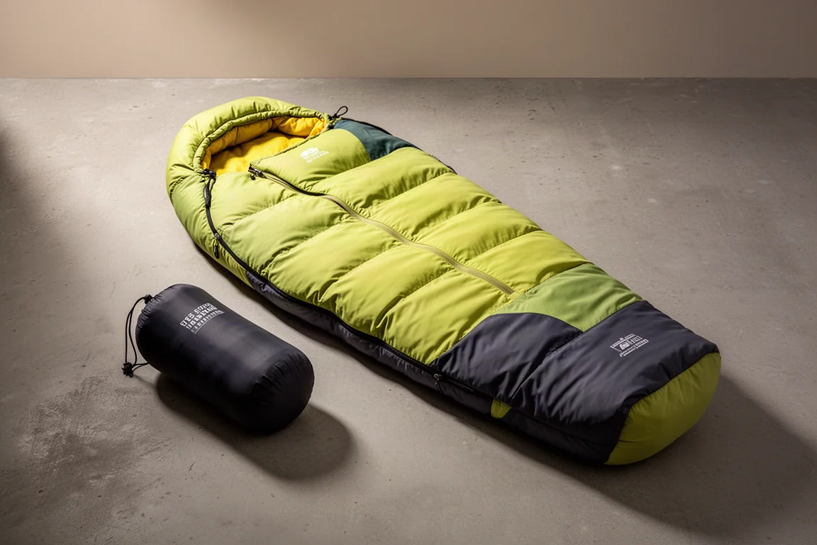 Lime green three-season mummy sleeping bag with compression sack on a concrete surface