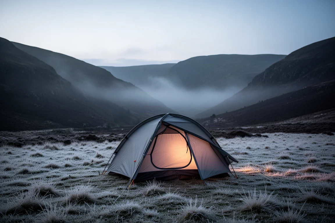 Wintercampingplatz in der Dämmerung mit niedrigem Zelt auf frostigem Gras und Nebel über dem Tal