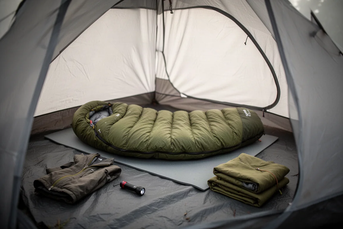 Mumienschlafsack ausgebreitet auf einer Isomatte im Zelt bei weichem Morgenlicht