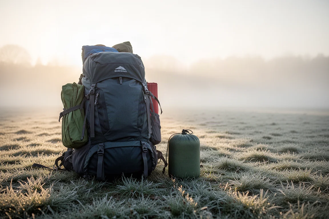 Gepackter Rucksack und Schlafsack-Packbeutel auf frostigem Gras im Morgengrauen bei tiefstehender Sonne