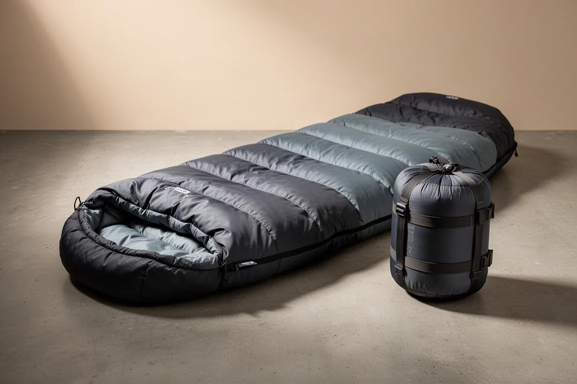 Charcoal mummy sleeping bag and cinched compression sack on a concrete surface