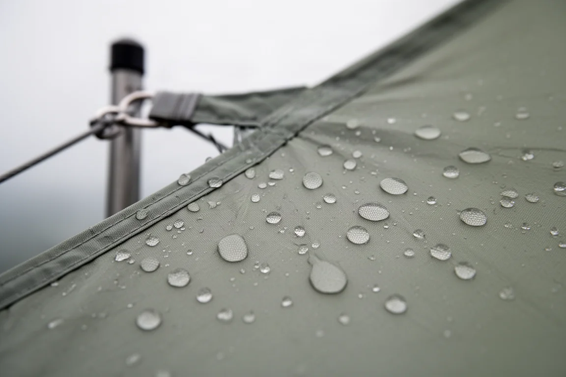 Regen perlt auf dem straff gespannten Außenzelt eines Campingzeltes bei bedecktem Himmel
