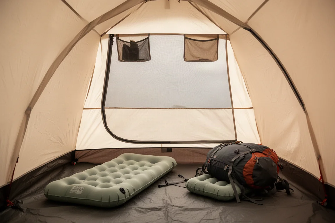 Innenraum eines kleinen Zeltes mit Isomatte, Rucksack und Moskitonetztür