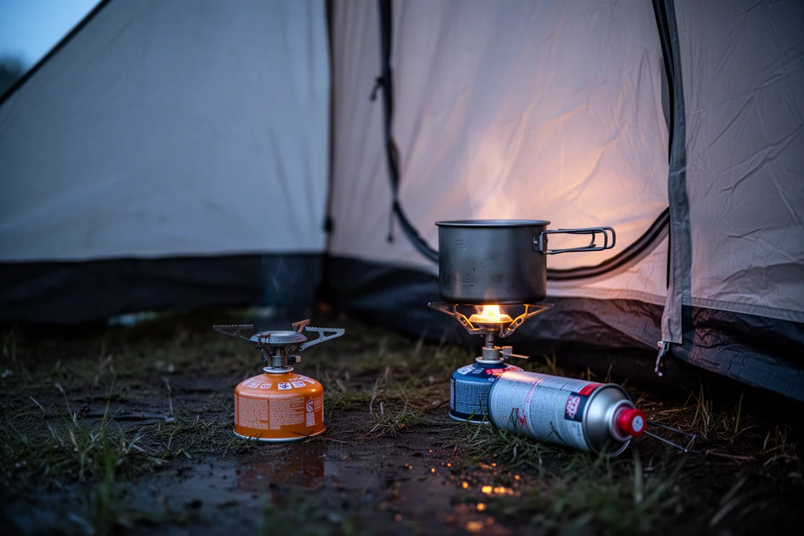 Kleiner Campingkocher und Topf auf Gras vor einem Zelt in der Dämmerung