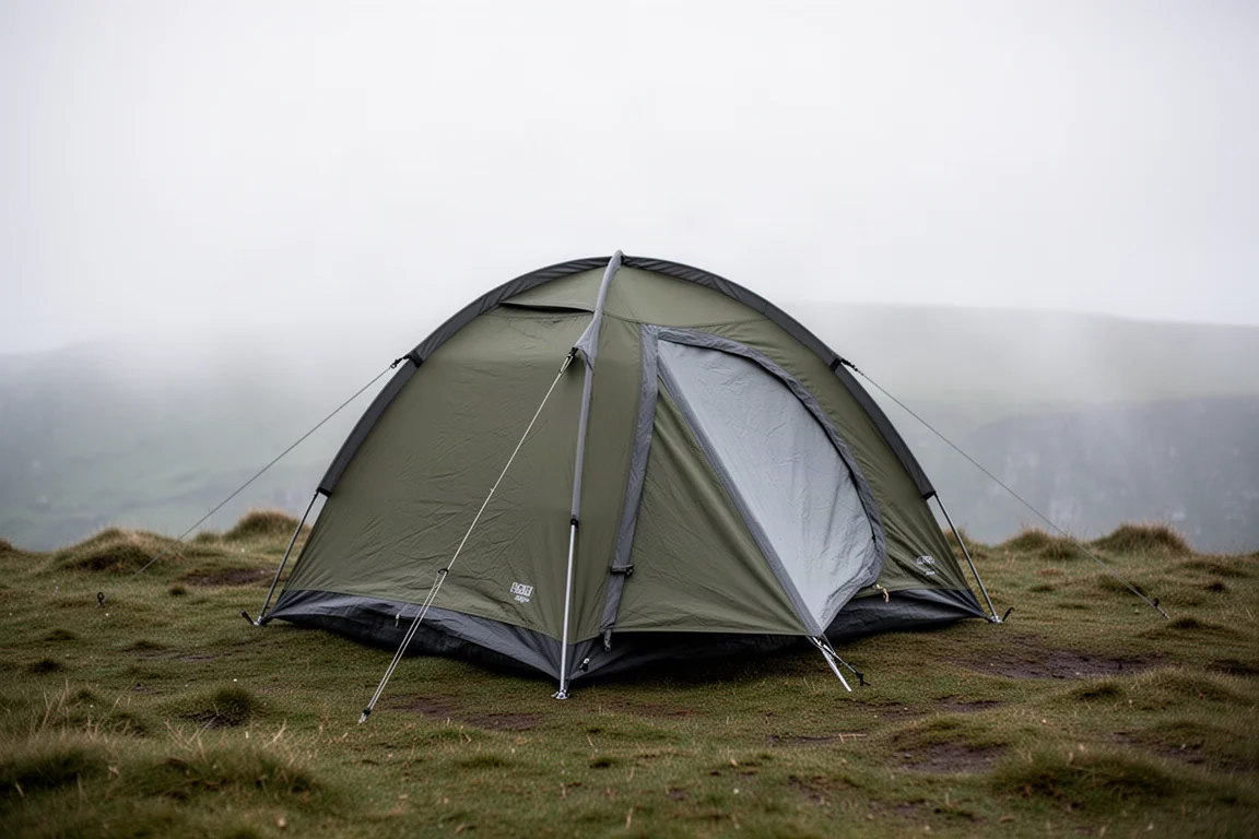 Compact two-person camping tent pitched on a grassy headland under an overcast sky