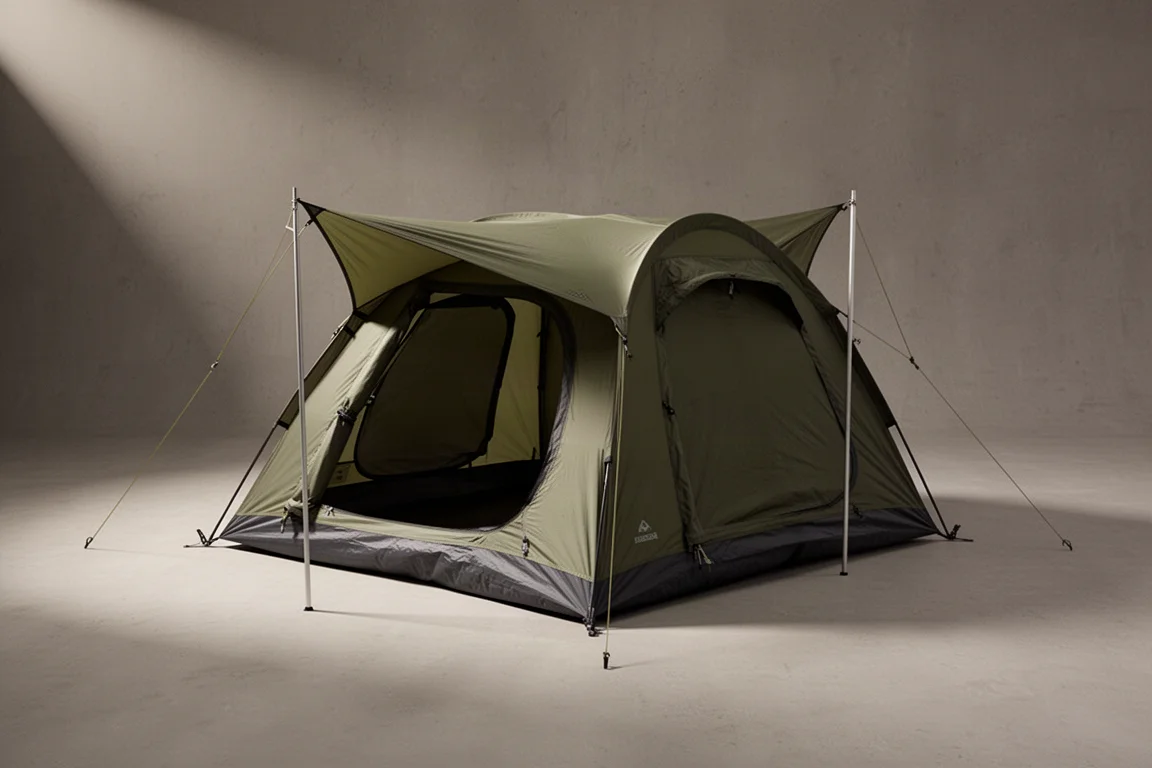 Low-profile green two-person tunnel tent pitched on a neutral grey studio backdrop